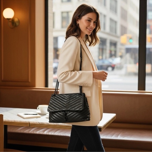 REBECCA MINKOFF Black Chains Leather Chevron Quilted Edie Bag R $298 - Picture 16 of 16